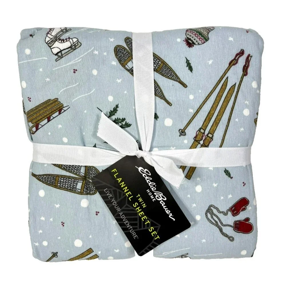 Eddie Bauer Twin Flannel Sheet Set Winter Snow Day Print Blue